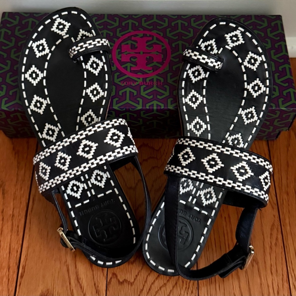 Tory Burch, Leather Sandals, Size 6, Navy & White